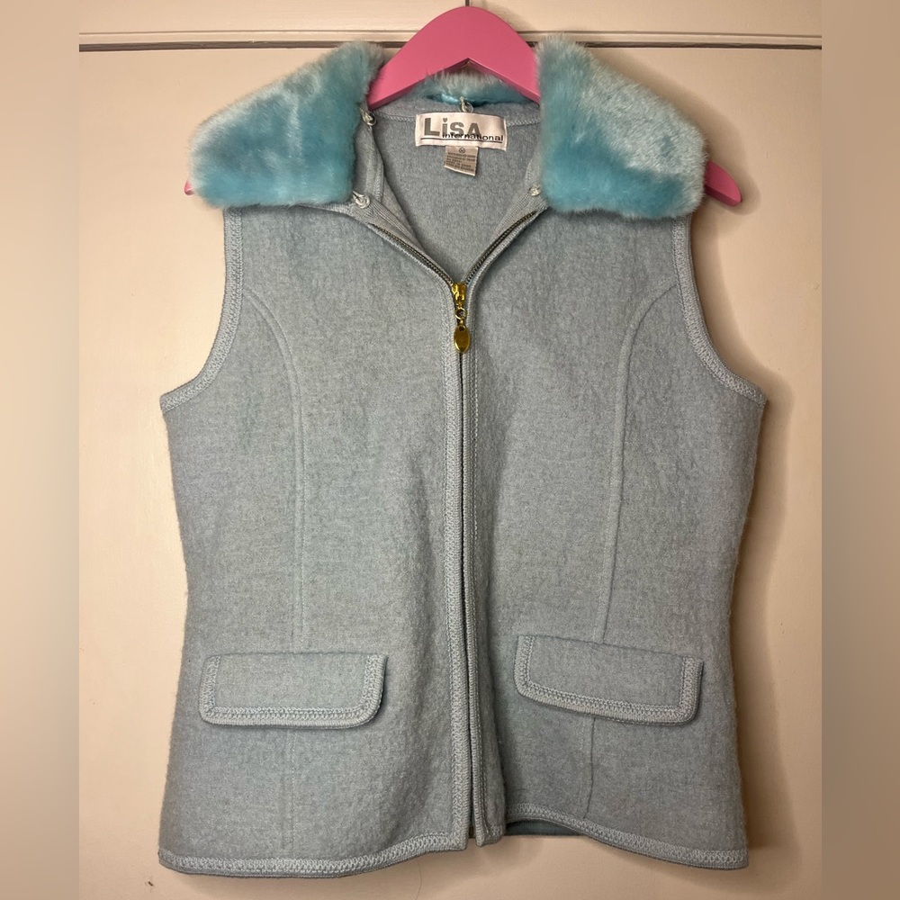 Vintage 90S Blue Zipper Front Vest Wool Faux Fur Collar Lisa International m